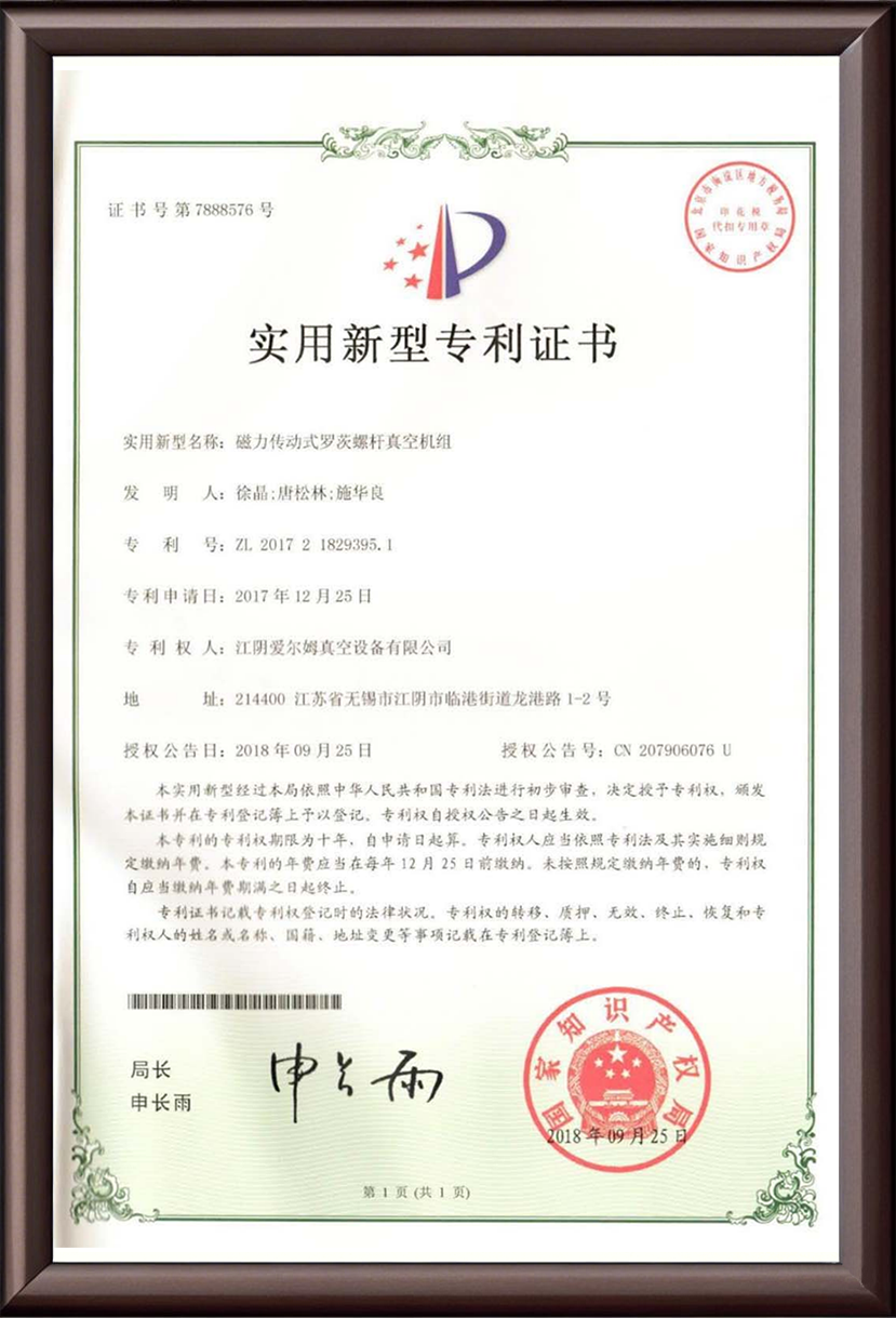 磁力传动式罗茨螺杆真空机组 专利证书